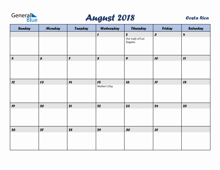 August 2018 Calendar with Holidays in Costa Rica