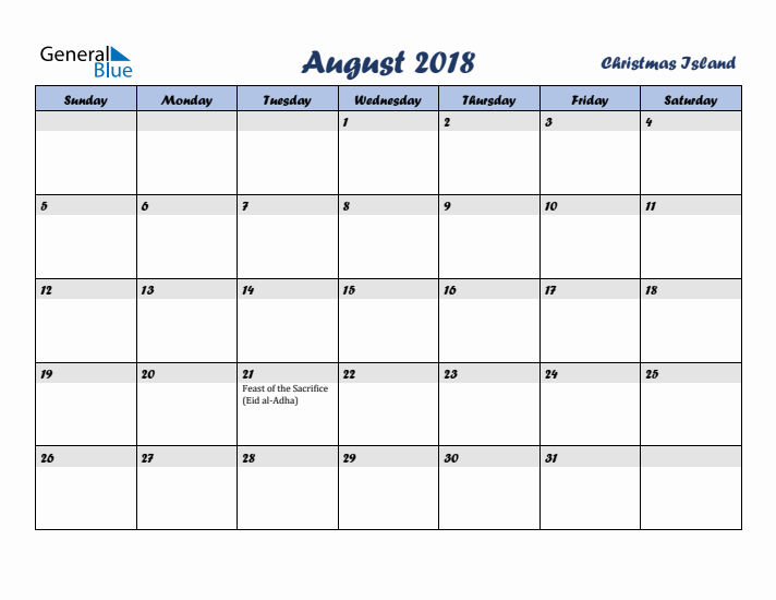 August 2018 Calendar with Holidays in Christmas Island