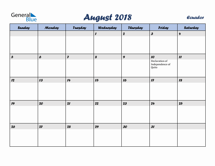 August 2018 Calendar with Holidays in Ecuador