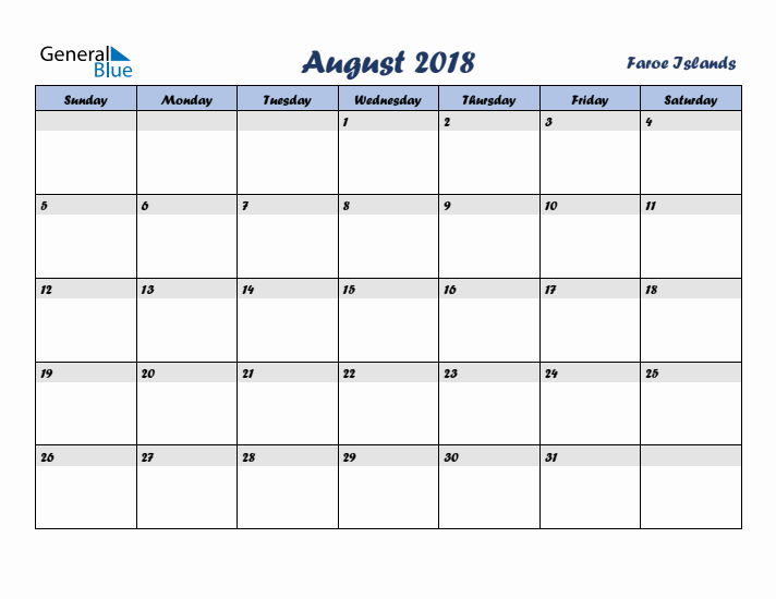August 2018 Calendar with Holidays in Faroe Islands