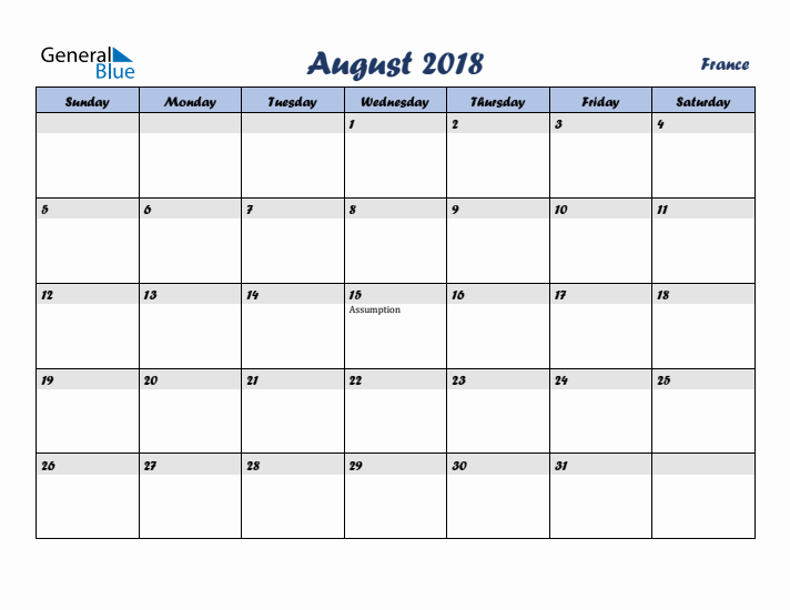 August 2018 Calendar with Holidays in France