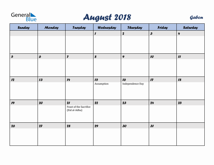 August 2018 Calendar with Holidays in Gabon