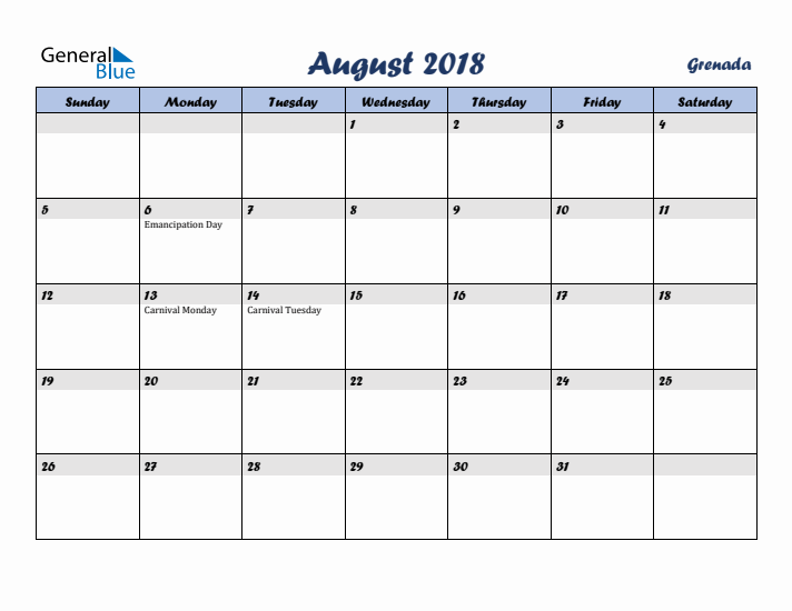 August 2018 Calendar with Holidays in Grenada