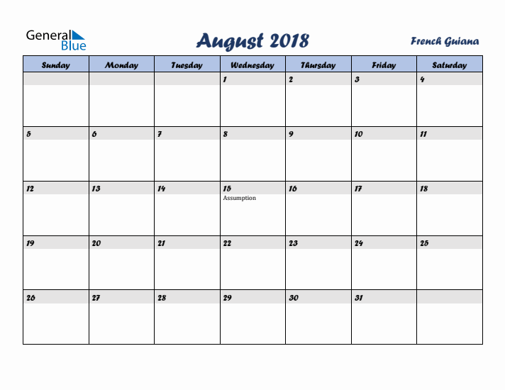 August 2018 Calendar with Holidays in French Guiana