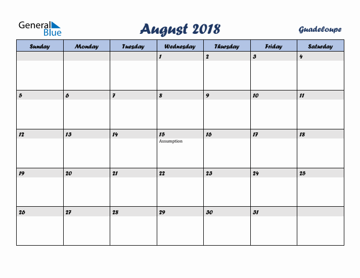 August 2018 Calendar with Holidays in Guadeloupe