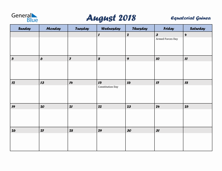 August 2018 Calendar with Holidays in Equatorial Guinea