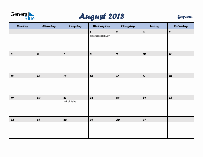 August 2018 Calendar with Holidays in Guyana