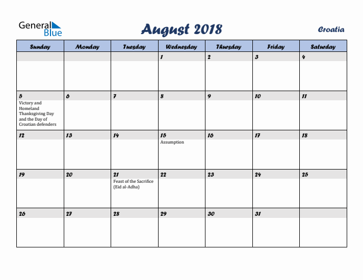 August 2018 Calendar with Holidays in Croatia