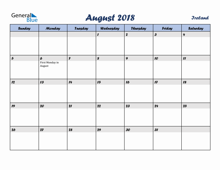 August 2018 Calendar with Holidays in Ireland