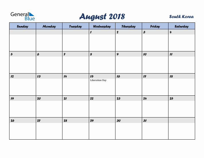 August 2018 Calendar with Holidays in South Korea