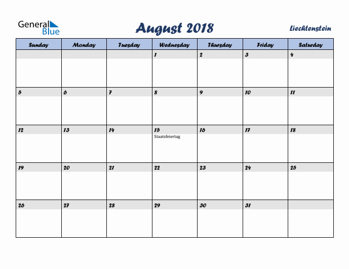 August 2018 Calendar with Holidays in Liechtenstein
