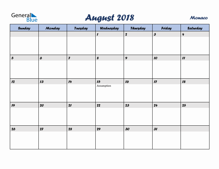August 2018 Calendar with Holidays in Monaco