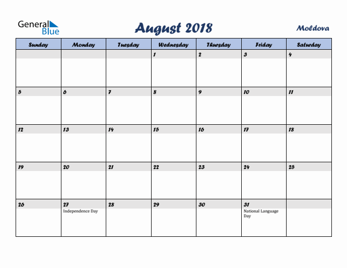 August 2018 Calendar with Holidays in Moldova