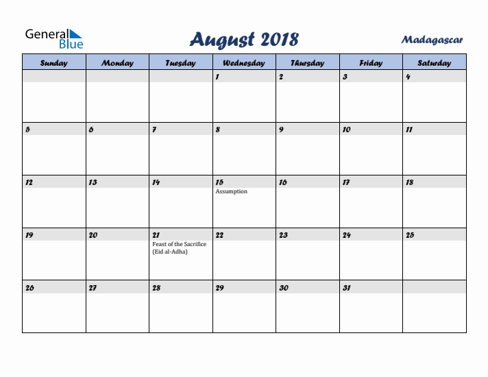 August 2018 Calendar with Holidays in Madagascar
