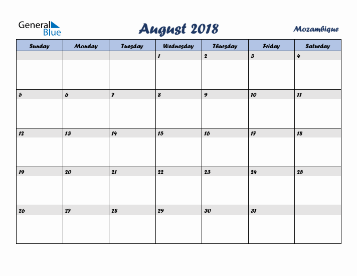 August 2018 Calendar with Holidays in Mozambique