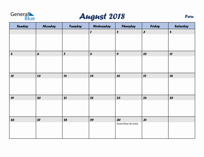 August 2018 Calendar with Holidays in Peru