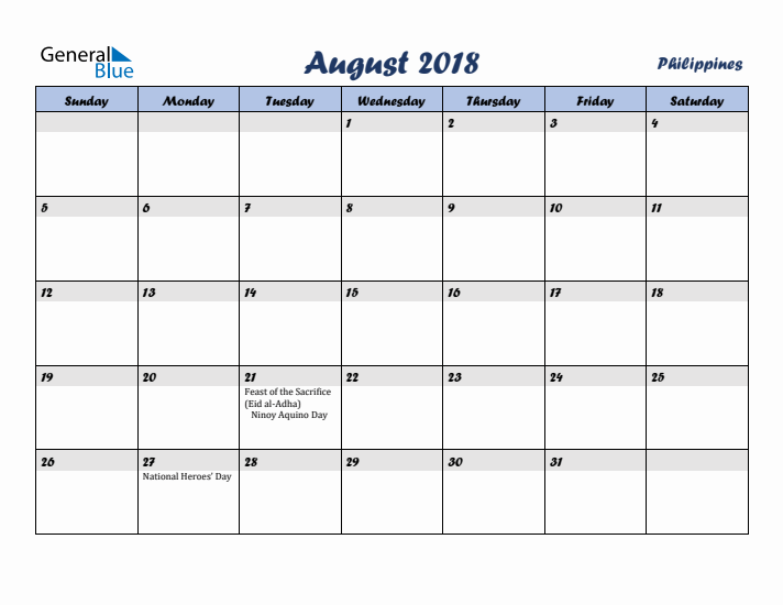 August 2018 Calendar with Holidays in Philippines