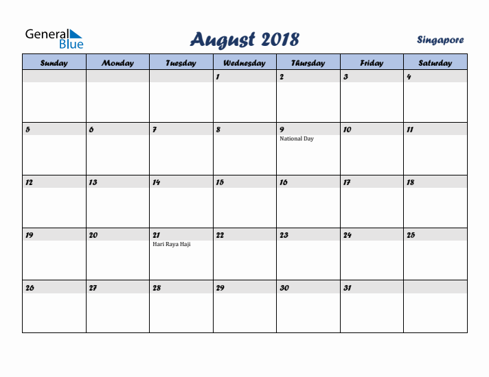 August 2018 Calendar with Holidays in Singapore