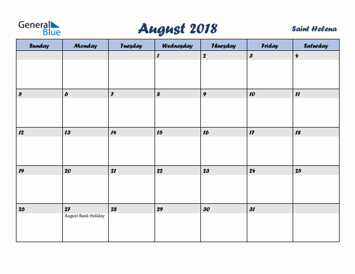 August 2018 Calendar with Holidays in Saint Helena