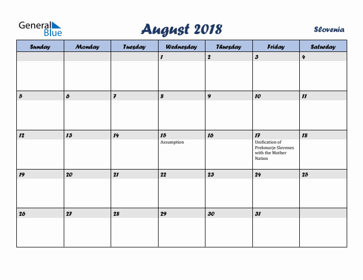 August 2018 Calendar with Holidays in Slovenia