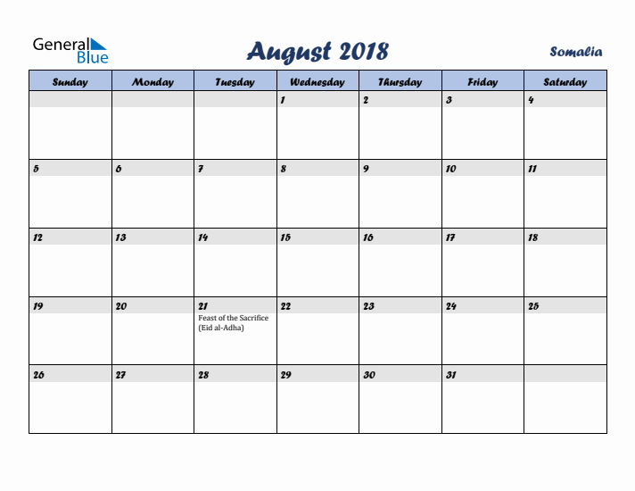 August 2018 Calendar with Holidays in Somalia