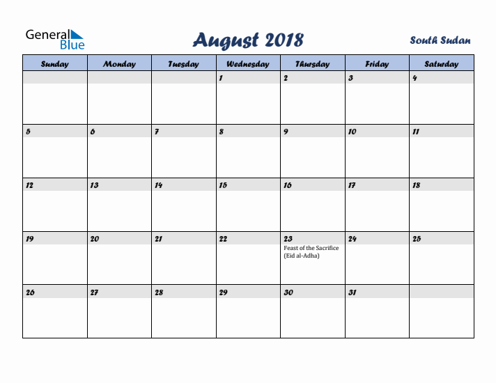 August 2018 Calendar with Holidays in South Sudan