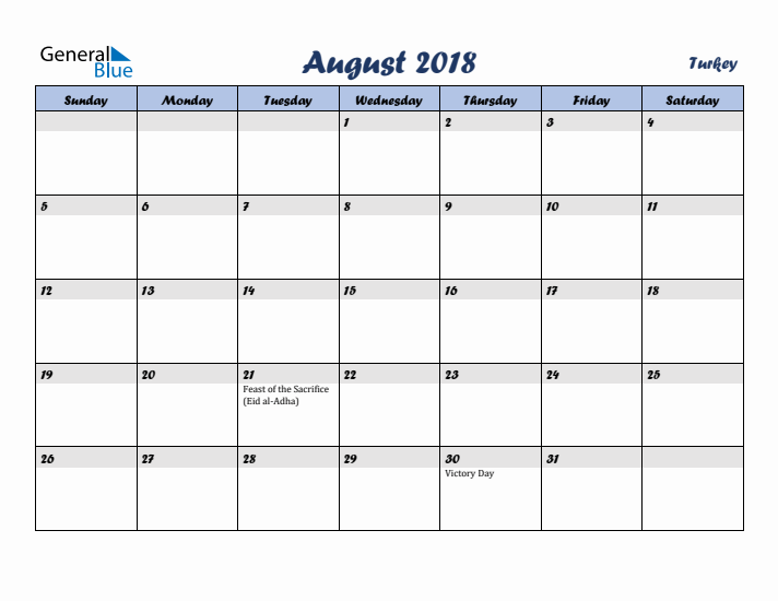 August 2018 Calendar with Holidays in Turkey