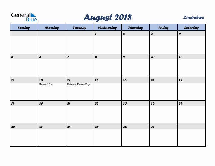 August 2018 Calendar with Holidays in Zimbabwe