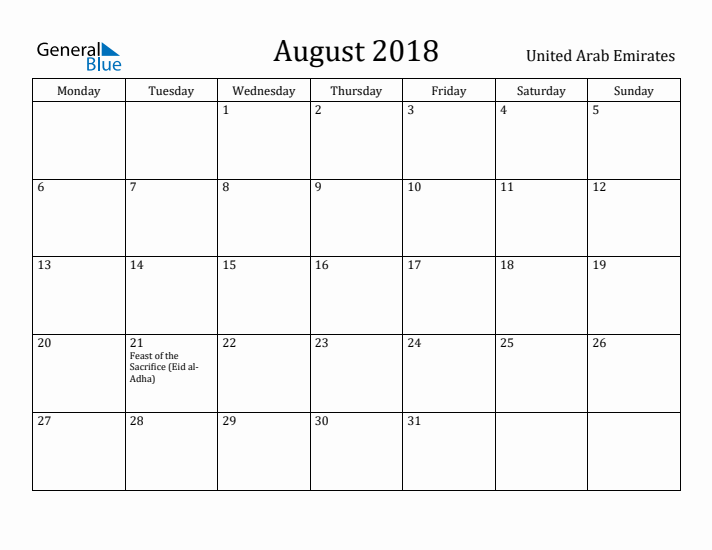 August 2018 Calendar United Arab Emirates