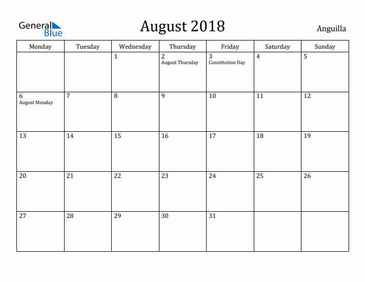 August 2018 Calendar Anguilla