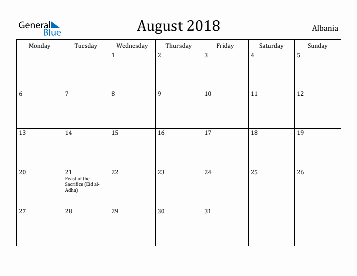 August 2018 Calendar Albania