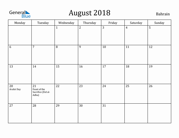 August 2018 Calendar Bahrain
