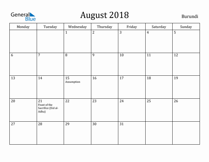 August 2018 Calendar Burundi