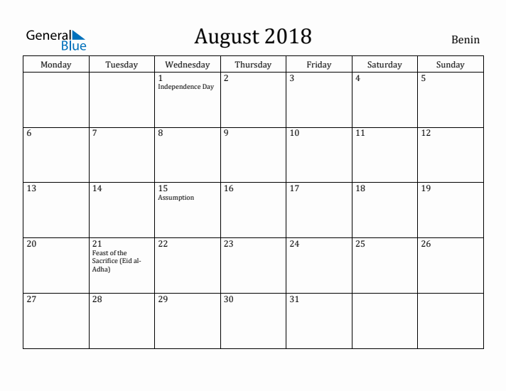 August 2018 Calendar Benin