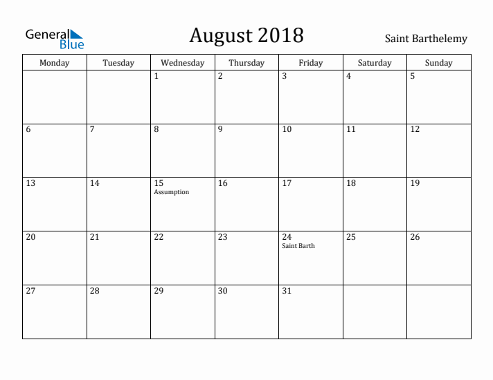 August 2018 Calendar Saint Barthelemy