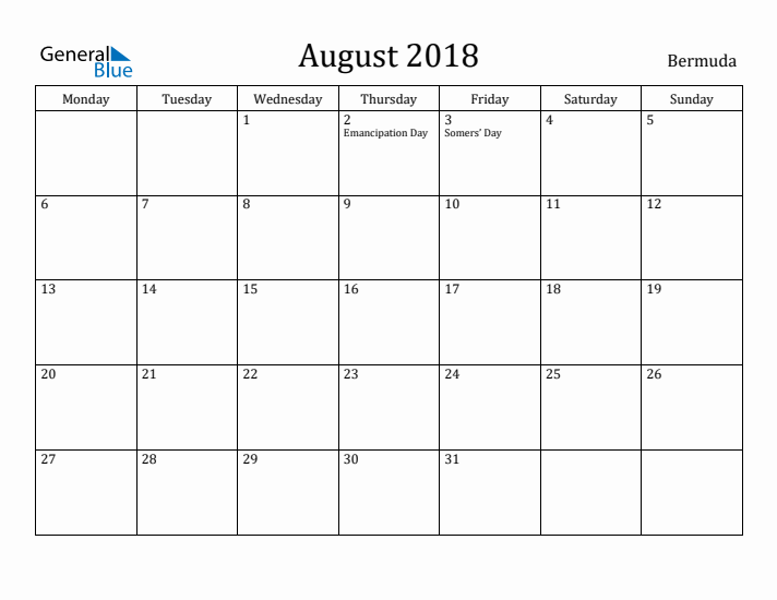 August 2018 Calendar Bermuda