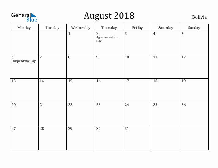 August 2018 Calendar Bolivia