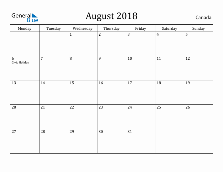 August 2018 Calendar Canada