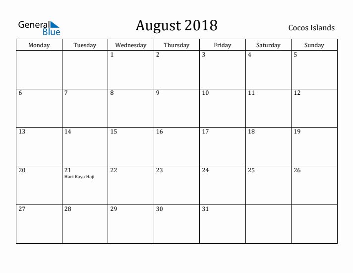 August 2018 Calendar Cocos Islands