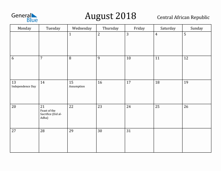 August 2018 Calendar Central African Republic