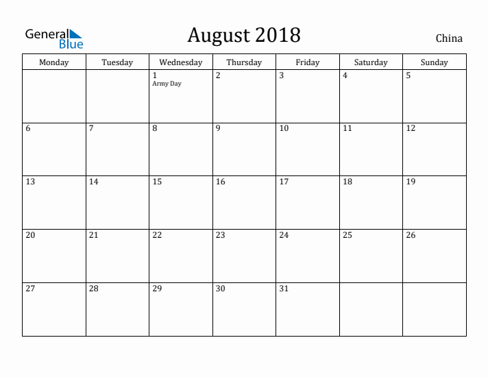 August 2018 Calendar China