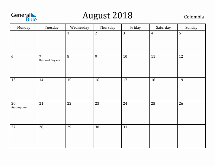 August 2018 Calendar Colombia