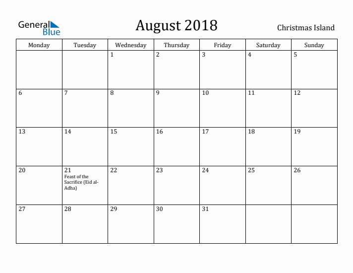 August 2018 Calendar Christmas Island