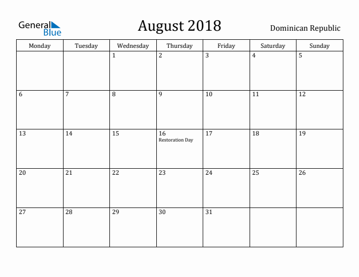 August 2018 Calendar Dominican Republic
