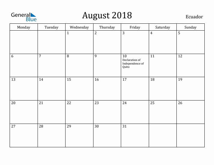 August 2018 Calendar Ecuador