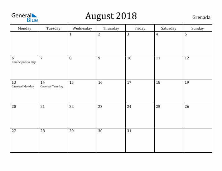 August 2018 Calendar Grenada