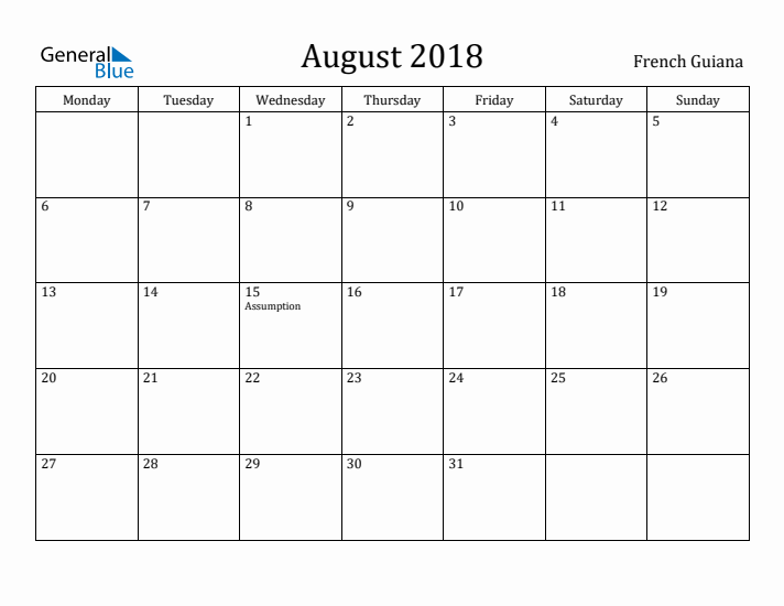 August 2018 Calendar French Guiana