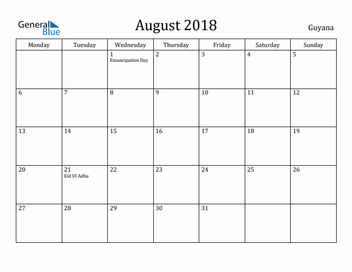 August 2018 Calendar Guyana