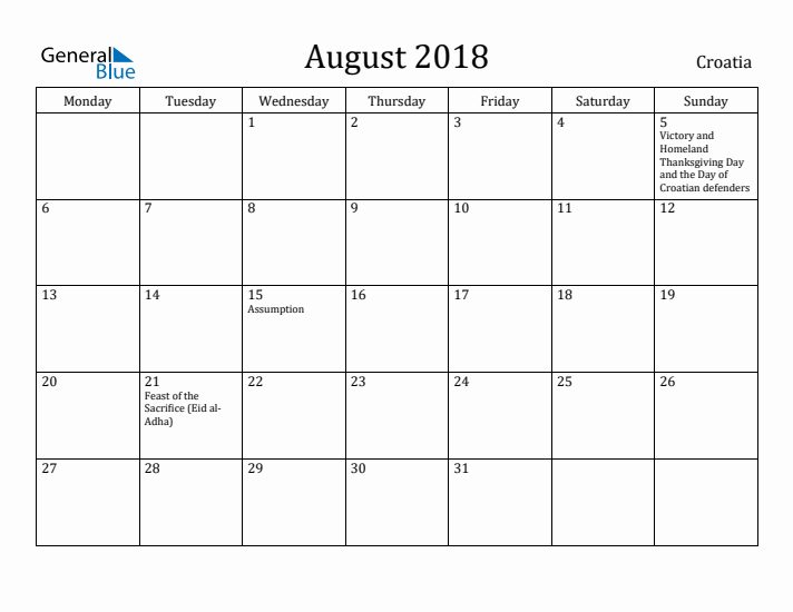 August 2018 Calendar Croatia