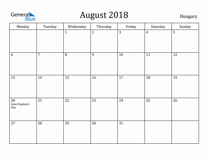 August 2018 Calendar Hungary